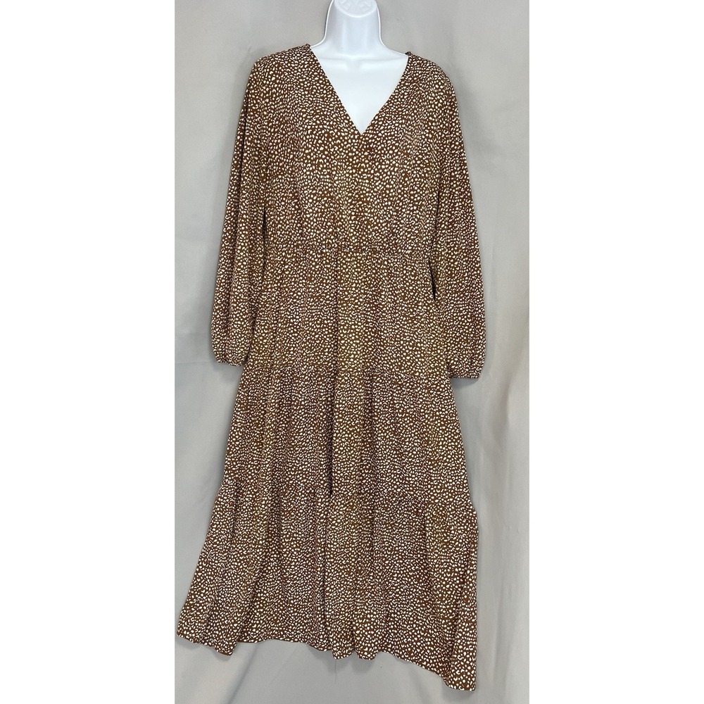 Fashion Women Midi Dress Layered Sz Large Brown White Long Sleeve